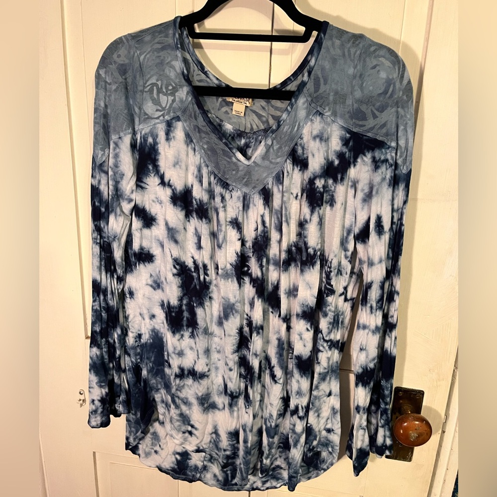 ONE WORLD Blue and White Tie-Dye Long Sleeve Top